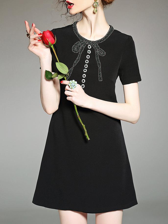 Romwe Black Beading Bowknot A-line Dress