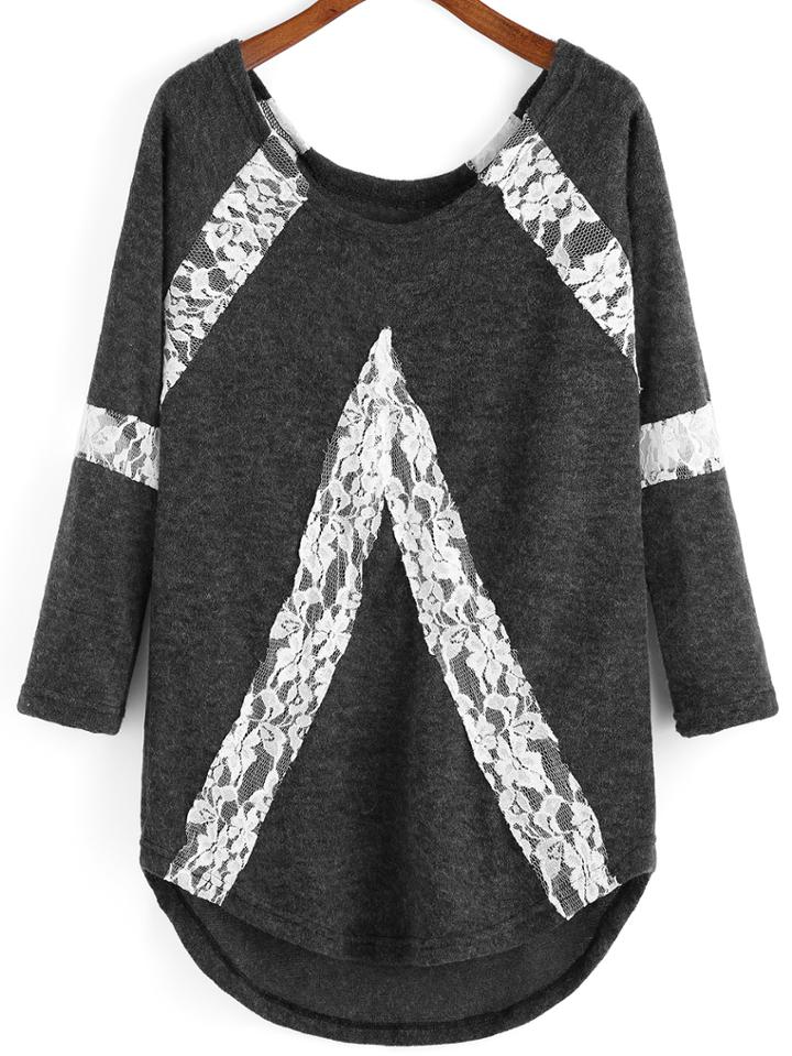 Romwe Dip Hem Contrast Lace Loose Top