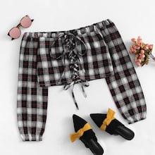 Romwe Lace Up Bardot Crop Top