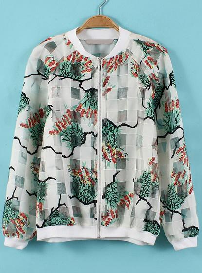 Romwe White Branch Print Plaid Organza Jacket