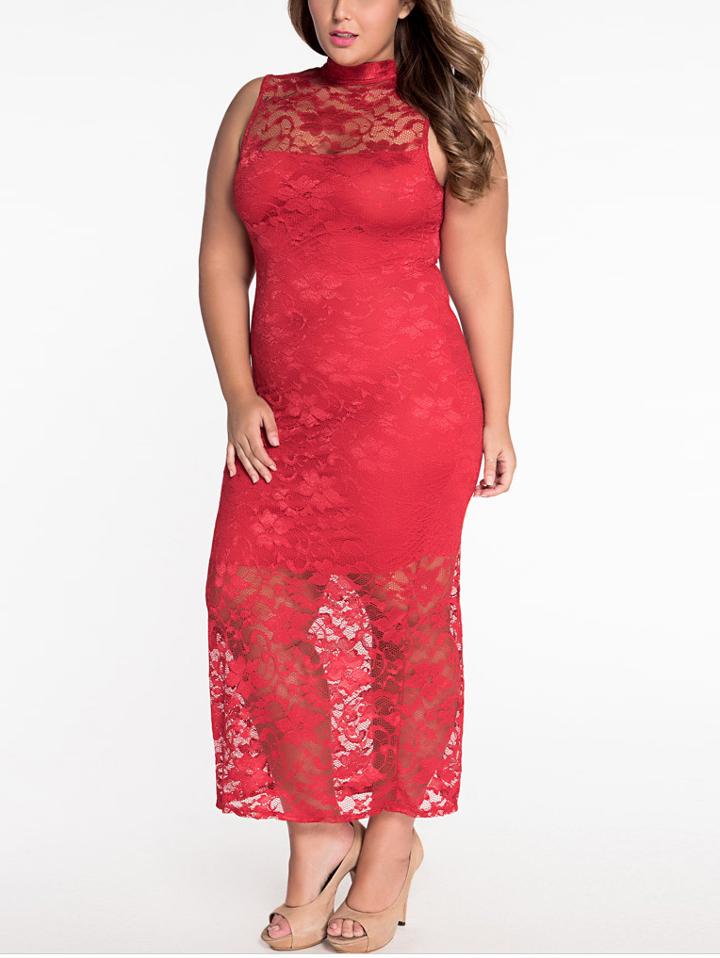 Romwe Plus Size Red Lace Overlay Dress