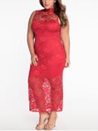 Romwe Plus Size Red Lace Overlay Dress