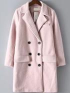 Romwe Lapel Double Breasted Long Pink Coat With Pockets