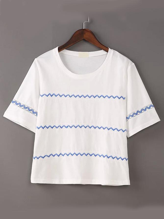 Romwe White Crew Neck Lace Striped T-shirt