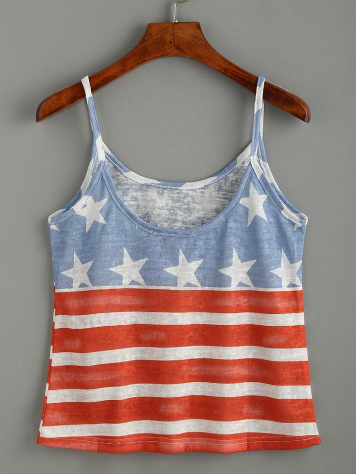 Romwe Multicolor American Flag Print Cami Top