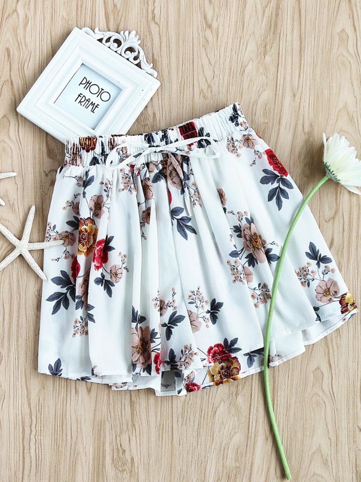 Romwe Floral Print Random Drawstring Shirred Waist Skort
