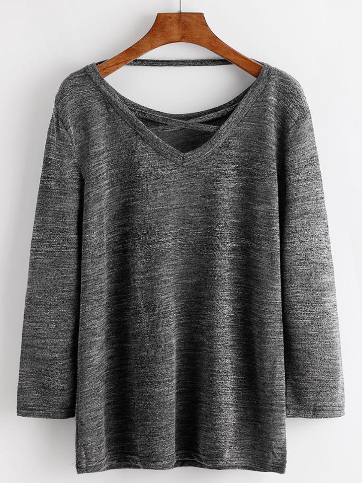 Romwe Black Criss Cross Front V Neck T-shirt