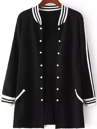 Romwe Striped Trim Buttons Knit Black Coat