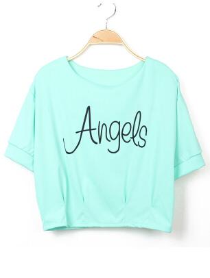 Romwe Green Round Neck Angels Print Crop T-shirt