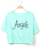 Romwe Green Round Neck Angels Print Crop T-shirt