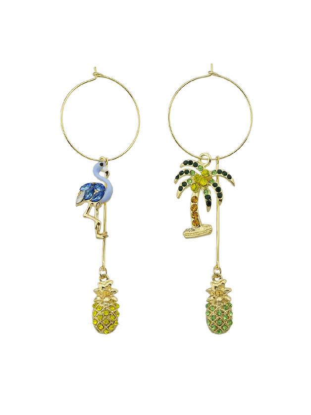 Romwe Blue Flamingo And Coconut Tree Shape Pineapple Rhinestone Earrings