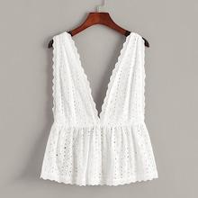 Romwe Schiffy Ruffle Hem Deep V Neck Top