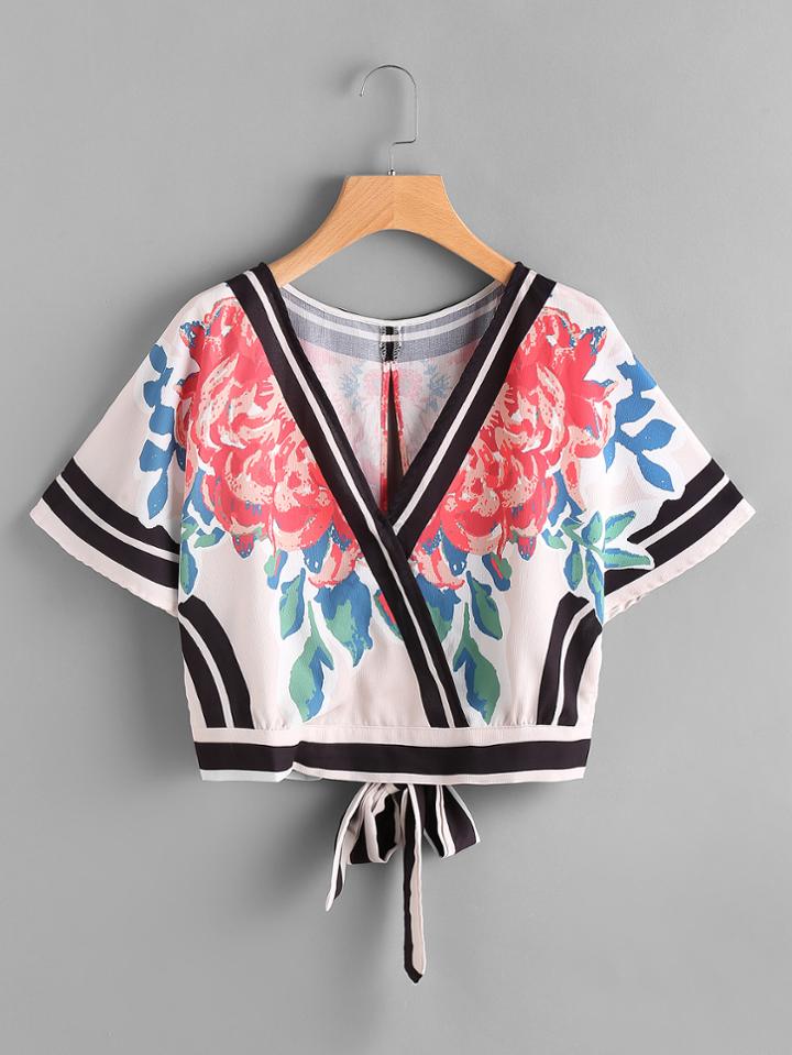 Romwe Tie Open Back Striped Trim And Flower Print Top
