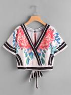 Romwe Tie Open Back Striped Trim And Flower Print Top