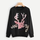 Romwe Christmas Fawn And Letter Print Sweatshirt