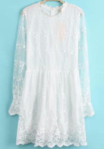 Romwe White Long Sleeve Sheer Lace Dress