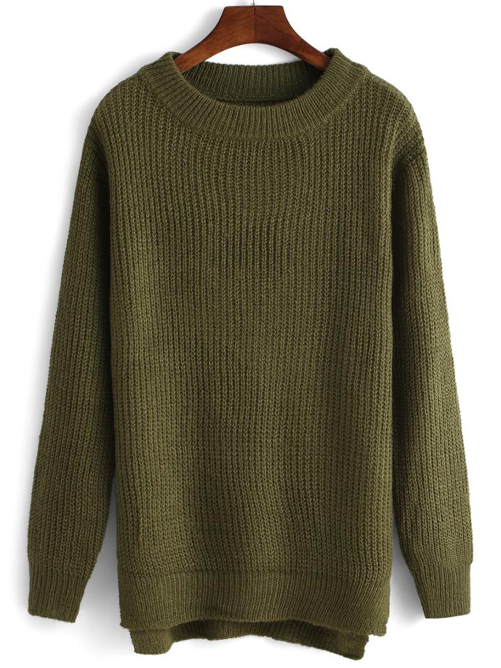 Romwe High Neck Slit Army Green Sweater