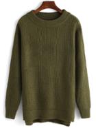 Romwe High Neck Slit Army Green Sweater