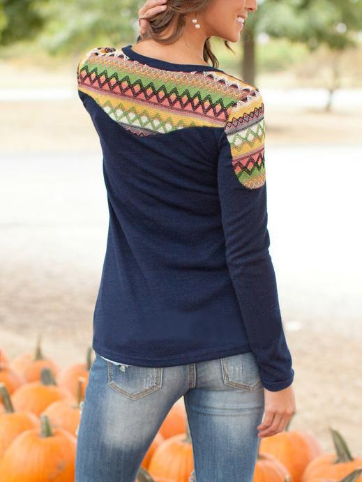 Romwe Round Neck Geometric Print Slim Navy Sweater