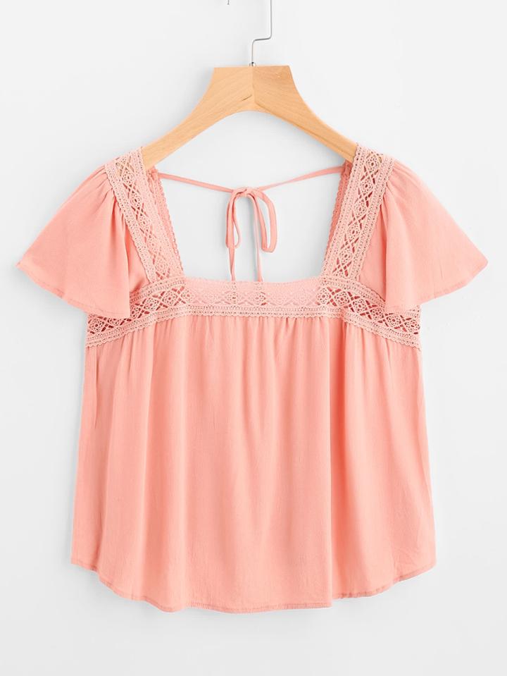 Romwe Lace Crochet Paneled Self Tie Top