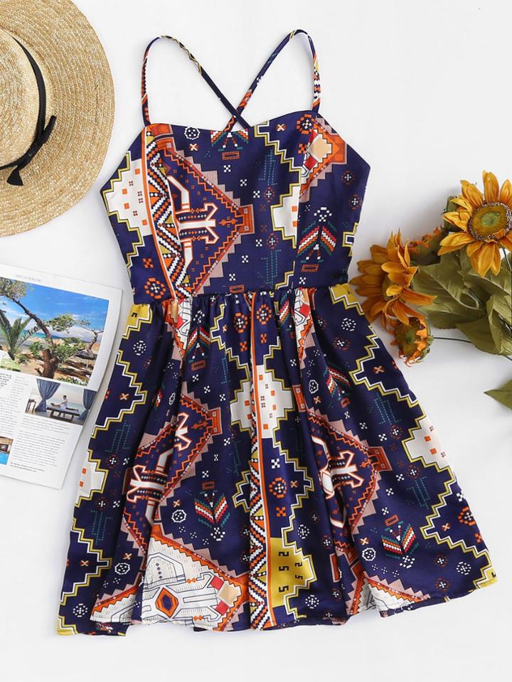 Romwe Geo Print Lace Up Back Dress
