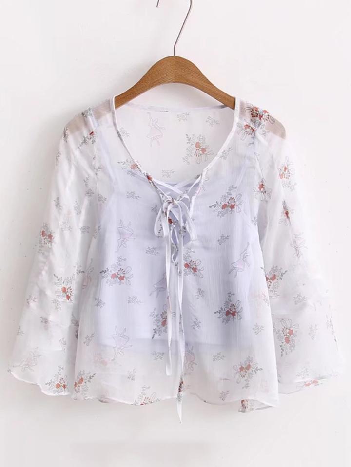 Romwe Cami Top With Lace Up V Neck Chiffon Blouse