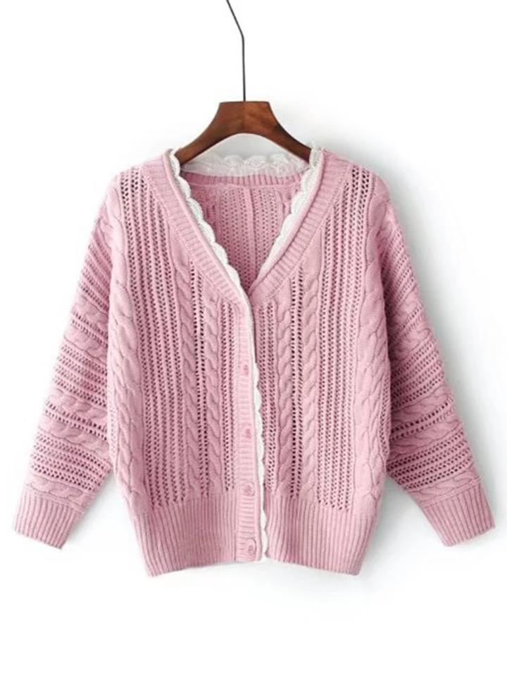 Romwe Lace Scalloped Insert Cable Knit Cardigan
