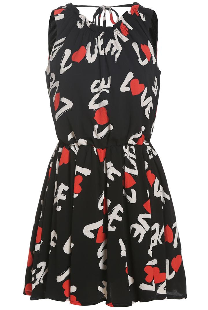 Romwe Back Lace Letter Print Pleated Dress