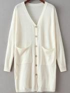 Romwe Pockets Button-down Slit Back White Cardigan