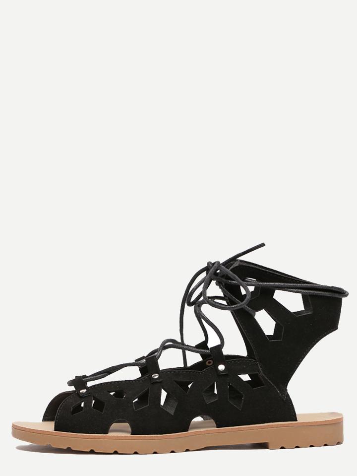 Romwe Black Peep Toe Cutout Lace-up Sandals
