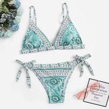 Romwe Floral Triangle Top With Tie Side Bikini Set