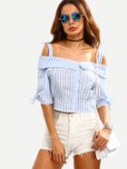 Romwe Cold Shoulder Vertical Striped Knotted Crop Top With Buttons