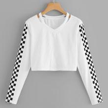 Romwe Plaid Panel Crop Sweatshirt