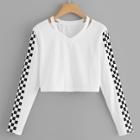 Romwe Plaid Panel Crop Sweatshirt