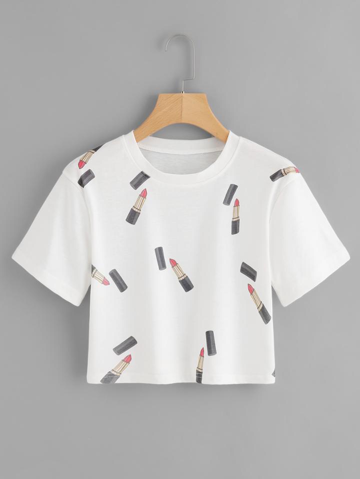 Romwe Lipstick Print Crop Tee