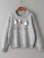 Romwe Grey Hat Embellished Drop Shoulder Cute Sweater