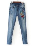 Romwe Flower Embroidery Studded Skinny Jeans