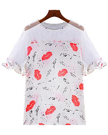 Romwe Lace Insert Lips Print Chiffon Red Top