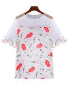 Romwe Lace Insert Lips Print Chiffon Red Top