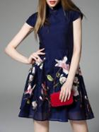 Romwe Navy Collar Embroidered A-line Dress
