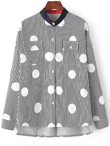 Romwe Stand Collar Vertical Striped Dotted High Low Blouse