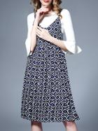 Romwe Navy Bell Sleeve Pleated Print Two-piece Dress