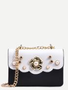 Romwe Contrast Flower And Pearl Studded Box Bag With Chain