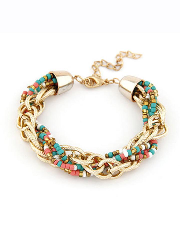 Romwe Multicolor Beads Metal Chain Handmade Bracelet