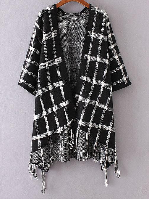 Romwe Black Plaid Dolman Sleeve Fringe Poncho Sweater