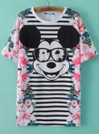 Romwe Floral Mickey Print Striped T-shirt
