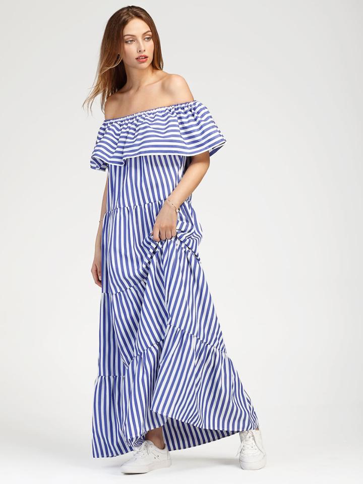 Romwe Contrast Striped Flounce Layered Tiered Dress