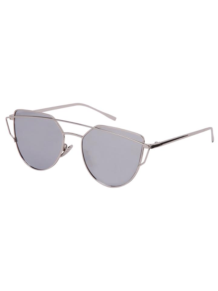Romwe Silver Metal Frame Double Bridge Mirrored Sunglasses