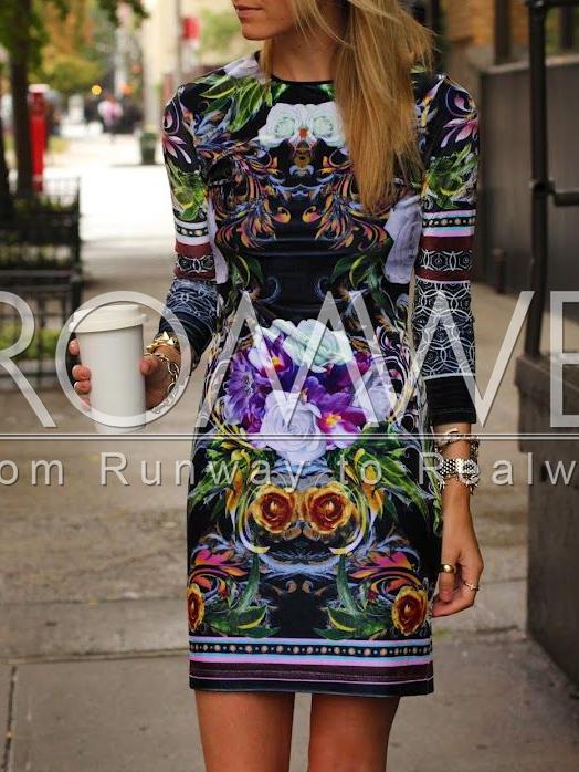 Romwe Black Long Sleeve Floral Dress