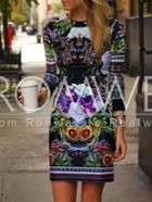 Romwe Black Long Sleeve Floral Dress